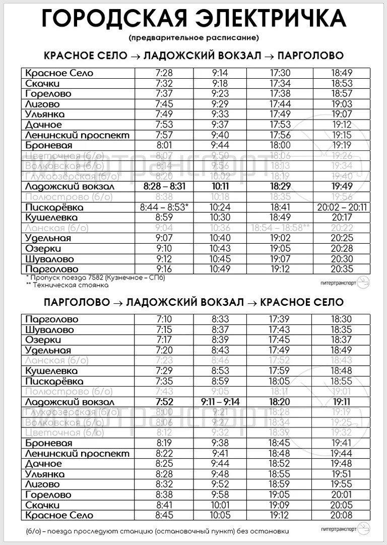 Горелово - Санкт-Петербург расписание электричек и пригородных поездов на год