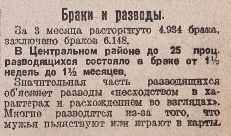 Минута истории: Сто лет назад каждый четвертый разводящийся в Ленинграде не проводил в браке и полутора месяцев.